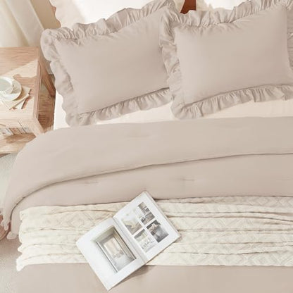 Andency Khaki Queen Comforter Set, 3 Pieces Farmhouse Shabby Chic Bedding