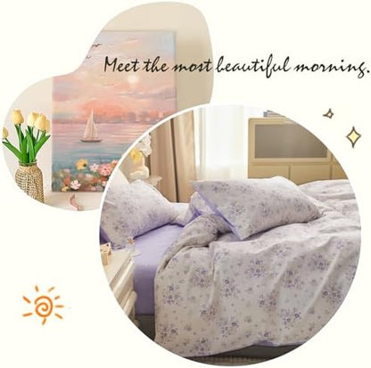 VM VOUGEMARKET Girls Duvet Cover with Purple Flower 100% Cotton Elegant Lavender Floral Bedding Set Queen Cottagecore Comforter Cover Set