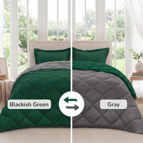 downluxe King Comforter Set Soft Reversible 3 Pieces, Blackish Green/Gray