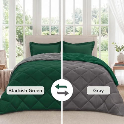 downluxe King Comforter Set Soft Reversible 3 Pieces, Blackish Green/Gray