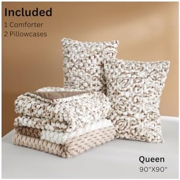 Petrichor Fluffy Queen Comforter Set - Taupe and White Striped Faux Fur Blanket for Queen Bed, Ultra-Soft Warm Bedding for Winter & Fall, Cozy 3 Piece Bed Set (1 Comforter & 2 Pillowcases)