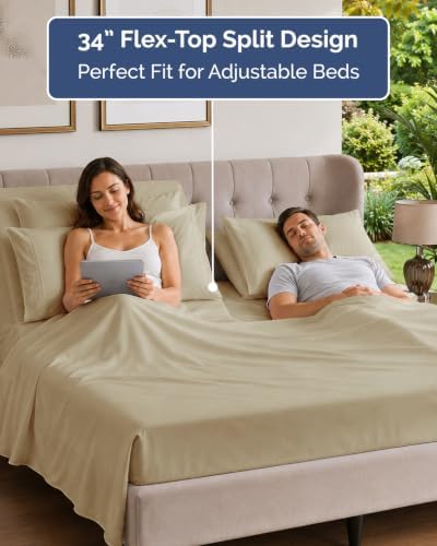 Flex Top Split Head King 6 Piece Sheet Set - Breathable & Cooling - Beige