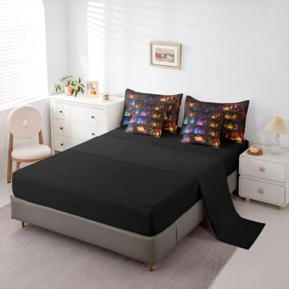 Erosebridal Retro Bookshelf Skull 7 Piece Bedding Set King Gothic Library Book Comforter Set with Sheets Retro Wizard Potion Bed in a Bag Halloween Plants Bed Sets Comforter