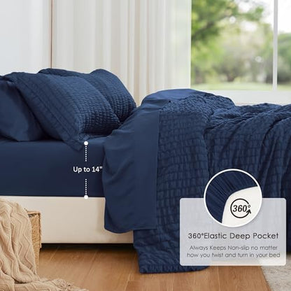 Love's cabin Seersucker Dark Blue Twin Comforter Set