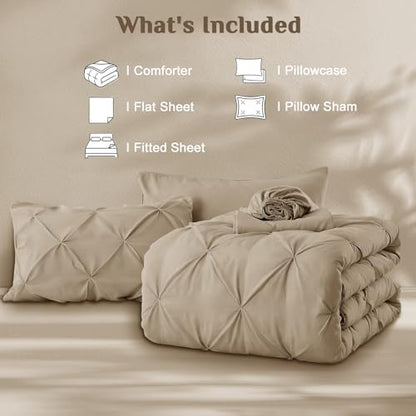 JOLLYVOGUE Twin Comforter Set 5 Pieces - Bed in a Bag Twin for All Season, Pintuck Bedding Comforter Sets with Comforter, Flat Sheet, Fitted Sheet and Pillowcases & Shams, Dark Linen