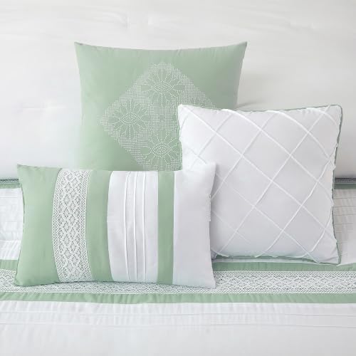 LANCO MODERN LIFESTYLE 7 Piece Comforter Set, Sage White, California King, Boho Style Geometric Microfiber Embroidery, Bed in a Bag with Bedskirt, Pillow Shams and Decor Pillows