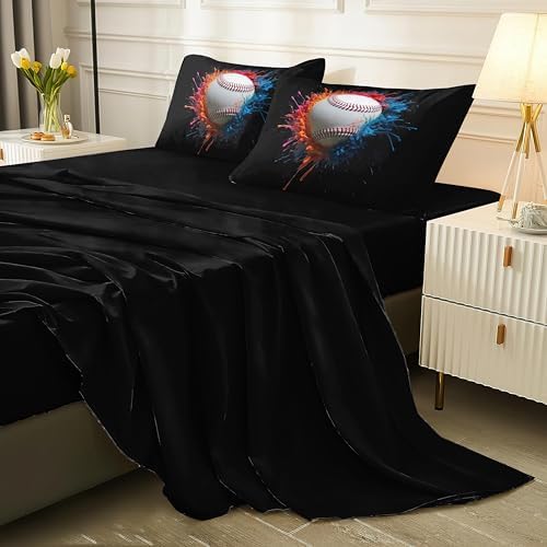 Helloosun 5PCS Baseball Comforter Set Twin,Boys Twin Comforter Set,Sports Baseball Bedding Set with Sheets,Red and Blue Color Bed Set