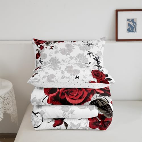 jejeloiu Red Black Rose Comforter Set Toddler Size Kids Vintage Floral Flower Bedding Set Boys Girls Botanical Leaves Duvet Breathable Blossom Plant Quilt Bedroom Decor,1 Comforter with 1 Pillowcase