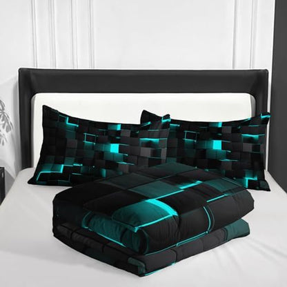 Geometric Turquoise Black Comforter Set,Light Honeycomb 3 Piece Bedding Set Twin Size for Teen Boys,Modern Quilt Set Geometry Decor,Microfiber Lightweight 1 Comforter 2 Pillowcases All Season