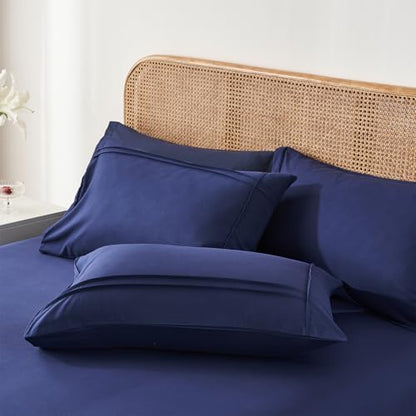 Yogeneg King Size Comforter Set 7 Piece Bed in a Bag,Grid Pinch Pleat Navy Blue Bedding Set,Striped Textured Soft Microfiber Comforter with Sheet Set,All Season Complete Bed Set(Navy Blue,King)