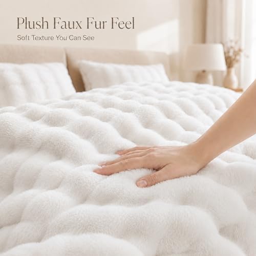YIKUSH Queen Faux Fur Soft Comforter Set, Fluffy White Rabbit Fur Comforter