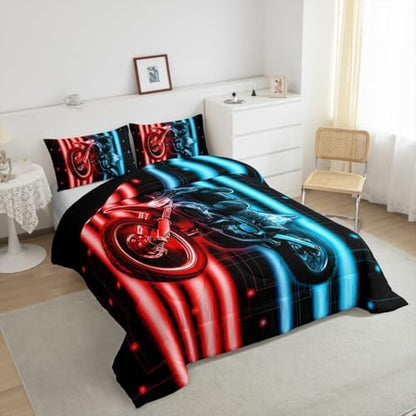 Feelyou Racing Motocross Rider Kids Bedding Set,Boys Girls Toddler Size,Dirt Bike Comforter Set,Extreme Sports Ultra Soft Duvet Quilt,3D Pattern Comforter Colorful Modern Bedroom Decor,Blue Red