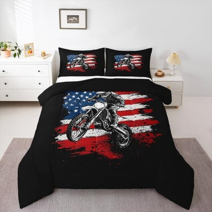 Erosebridal Motorcycle Comforter for Kids Boys Girls,American Flag Toddler Bedding Set,Extreme Sports Duvet Insert Luxury,Motorcross Rider Bed Set for All Season