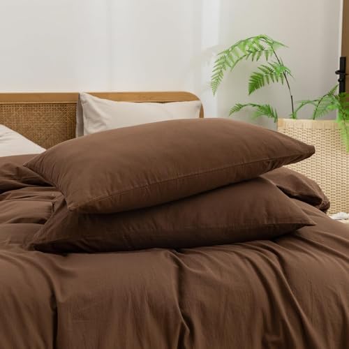 BESTOUCH Cotton Solid Duvet Cover Set Linen Feel Cocoa Brown Alaska King