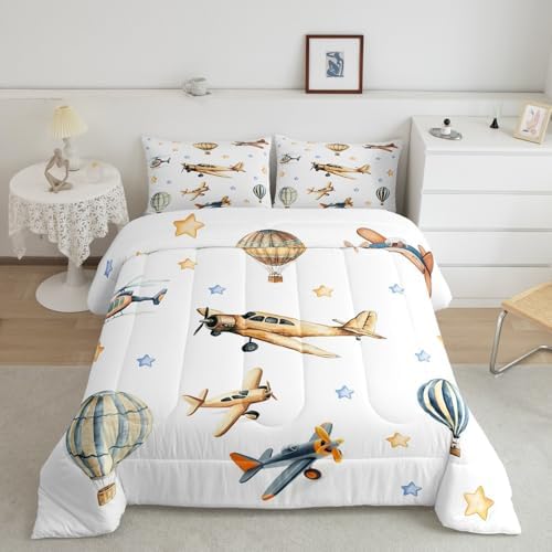 Erosebridal Cute Propeller Plane Queen Bedding Set, Cartoon Airplane Aircraft Comforter Set for Kids Boys Teens Child Girls Adults Bedroom, Hot Air Balloon Comforter, Star Print Quilt
