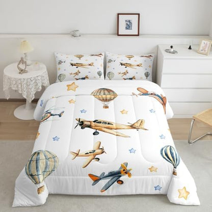 Erosebridal Cute Propeller Plane Queen Bedding Set, Cartoon Airplane Aircraft Comforter Set for Kids Boys Teens Child Girls Adults Bedroom, Hot Air Balloon Comforter, Star Print Quilt