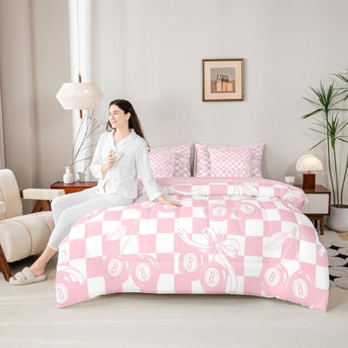 Erosebridal Pink Fashion Y2K Full Bedding Set 7 Piece For Girls Room Decor,Girly Coquette Bowknot Comforter Set For Kids Teen Women,Cherry Lucky 8 Ball Bed In A Bag With Sheets Cute Pink Plaid Bed Set