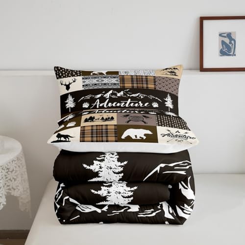 Castle Fairy Bear Print Full Size Comforter Set,Deer Antler Wolf Animals Hunting Adventure Bedding Comforters Bedroom Collection,Lodge Arrow Retro Brown Camper Plaid Bedding Set for Girls Teens