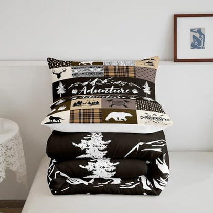 Castle Fairy Bear Print Full Size Comforter Set,Deer Antler Wolf Animals Hunting Adventure Bedding Comforters Bedroom Collection,Lodge Arrow Retro Brown Camper Plaid Bedding Set for Girls Teens