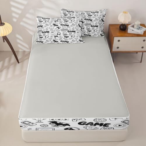 Feelyou Gamer Zipper Bedding for Gaming Queen Comforter Set with Fitted Sheet 2 Pillowcases Game Room Decor Bed in a Bag Teen boy Room Decor Soft Lightweight Microfiber