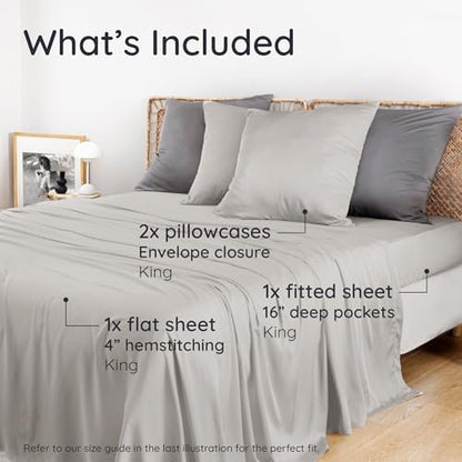 Bambaw 100% Viscose Derived from Bamboo King Size Sheets Set – 4pcs Cooling Sheets for Hot Sleepers, Deep Pocket King Sheet Set Cooling Fits Up to 16'' with Elastic Corner Straps (Moonlight Gray)