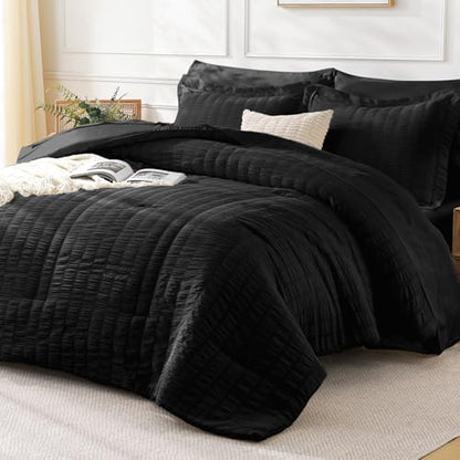 FreshCulture Twin Size Comforter Set Seersucker 5 Pieces, All Season Bedding Set Twin, Soft Bed in a Bag Comforter Set with Comforter, Flat Sheet, Fitted Sheet, Pillowcase and Pillow Sham, Black