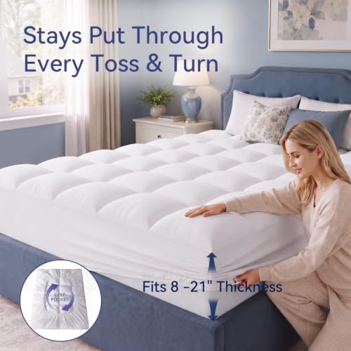 ELEMUSE Super/Olympic Queen Mattress Topper, Pillow Top Mattress Pad Cover