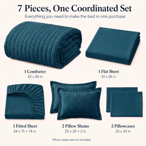 CozyLux Full Size Comforter Set 7 Pieces Lyons Blue Seersucker Bed in a Bag