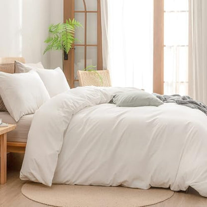 BESTOUCH Cotton Solid Duvet Cover Set Linen Feel Off White Alaska King
