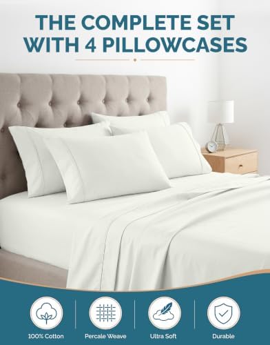 Casa Platino Split King Percale Sheet Set– 7 Piece 100% Cotton Sheet Set Split King, with 15” Deep Pocket Fitted Sheet, Crisp Weave for Cool Cozy Sleep, Soft & Breathable, Everyday Sheets – Silver