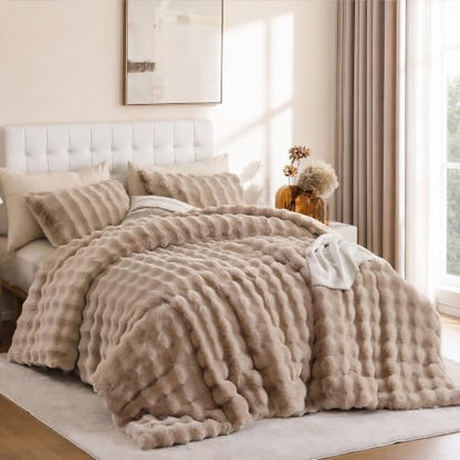 YIKUSH Queen Faux Fur Soft Comforter Set, Fluffy Khaki Rabbit Fur Comforter