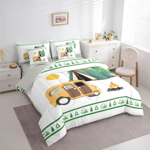 Erosebridal Rv Happy Camping Full Comforter Set with Sheets Camper Decor 7-Piece Bedding Set for Kids Boys Teens Bedroom Rustic Farmhouse Bed in A Bag Pine Tree Bonfire Bed Sets, Green White