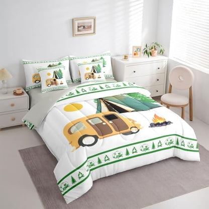 Erosebridal Rv Happy Camping Full Comforter Set with Sheets Camper Decor 7-Piece Bedding Set for Kids Boys Teens Bedroom Rustic Farmhouse Bed in A Bag Pine Tree Bonfire Bed Sets, Green White