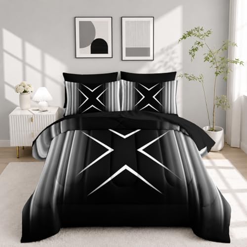 Nttopship Black and White Geometric Comforter Set Full Size 7Pieces,3D Abstract Mordern Printed Bedding Set for Adults,Geometric Mordern Decor All Seasons with Pillowcases,Flat, Fitted Sheet