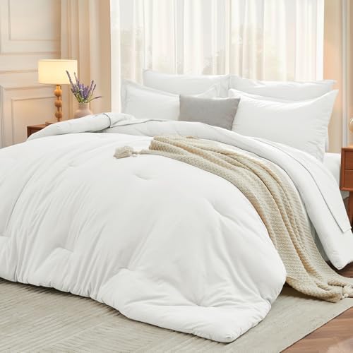 MUXHOMO 7 Pieces Oversized Queen Comforter Set, Soft Bed in a Bag Oversized Queen Size, All Season Bedding Set with Comforter, Flat Sheet, Fitted Sheet, Pillowcases & Shams, White