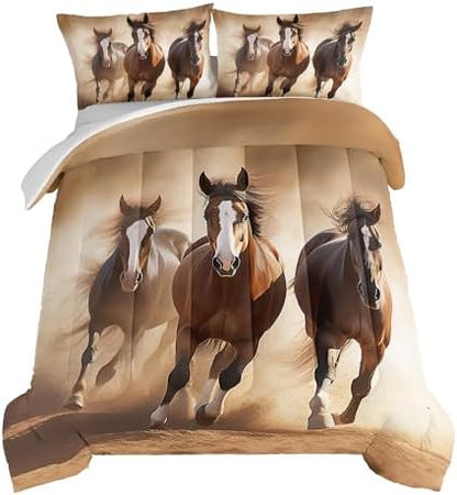 HOSIMA Brown Horse Comforter Sets King Size,3D Handsome Horse Galloping Printed Bedding Set for Adults Teens Boys Room Decor,Wildlife Theme Bedding Sets King Size with 2 Pillowcases.