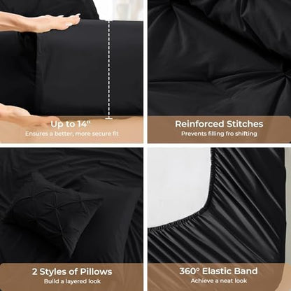 Sasttie Full Size Comforter Set, 7-Piece Bed in a Bag, Pintuck Bedding Set for All Season, Includes Comforter, Flat Sheet, Fitted Sheet, Pillowcases and Pillowshams, Black