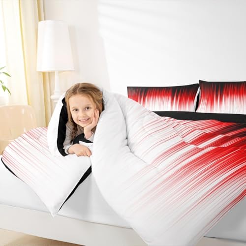 Castle Fairy Red White Ombre Full Size Comforter Set,Geometric Abstract Bedding Set for Adults Teens,Children Modern Abstract Comforter Luxury Watercolor Quilt Set Room Decor 3Pcs