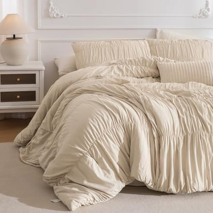 Masaca King Size Comforter Set,Shabby Boho Chic Bedding Wheat Ruched Ruffle King Comforter Vintage Rustic French Country Farmhouse Bedding Set Ultra Soft