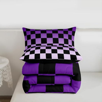 Checkered Kids Comforter Set Full Size Modern Geometric Gradient Purple Black Bedding Set Cute Neutral Plaid Duvet Quilt for Kids Boys Girls Bedroom Vintage Aesthetic Decor