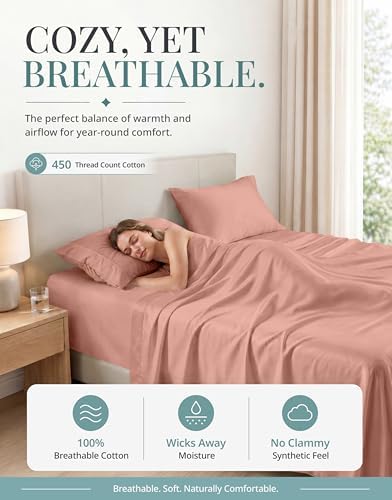450TC 100% Cotton Sateen California King Sheet & Pillowcase Sets, Rose Dawn