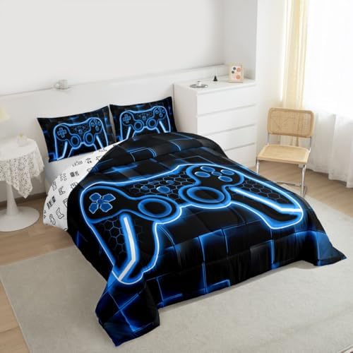 Feelyou Kids Gamer Comforter Set King Size Blue and Black Bedding Set for Boys Teens Decor Honeycomb Gaming Ombre Comforter Geometric Square Duvet Set 3PCS