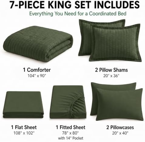HIMEET King Comforter Set, 7-Piece Seersucker Bed in a Bag, Olive Green