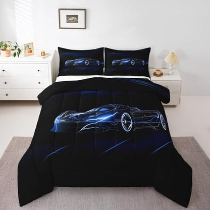 Feelyou Blue Race Car Bedding Set Queen Size for Kids Teens