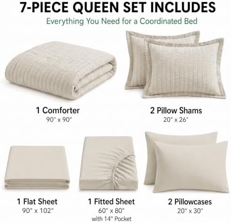 HIMEET Queen Comforter Set, 7-Piece Seersucker Bed in a Bag, Beige