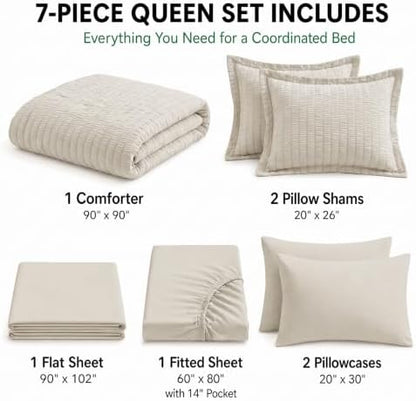 HIMEET Queen Comforter Set, 7-Piece Seersucker Bed in a Bag, Beige