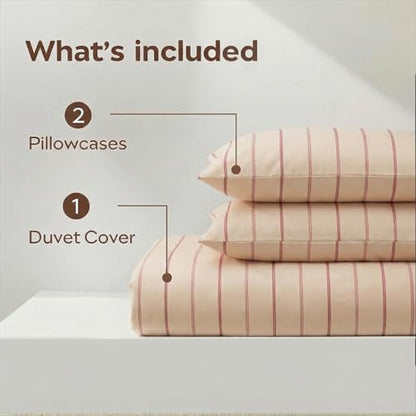 Bedbay 100% Cotton Striped Duvet Cover Set King Size, Warm Apricot Bedding Set, 100% Cotton Sateen, Silky Soft Cozy 3 Piece Duvet Cover for All Seasons