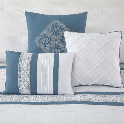 LANCO MODERN LIFESTYLE 7 Piece Comforter Set, Blue White, Queen Size, Boho Style Geometric Microfiber Embroidery, Bed in a Bag with Bedskirt, Pillow Shams and Decor Pillows
