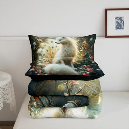 Nine-tailed Fox Kids Comforter Set Full Size,Poppy Flowers Leaf Botanical Natural Bedding Set,Girls Boys Room Decor,Wildlife Animals Mysterious Quilt Comforter,Rustic Duvet Insert,2 Pillowcases