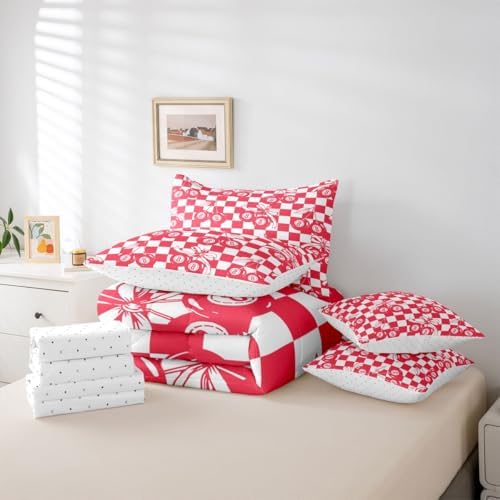 Fashion Trendy Y2K Comforter Set King Size Lucky 8 Ball 7 Piece Bedding Set For Kids Boys Girls,Funky Coquette Bow Bed In A Bag With Sheets Preppy Room Decor,Red White Simple Geometric Plaid Bed Set